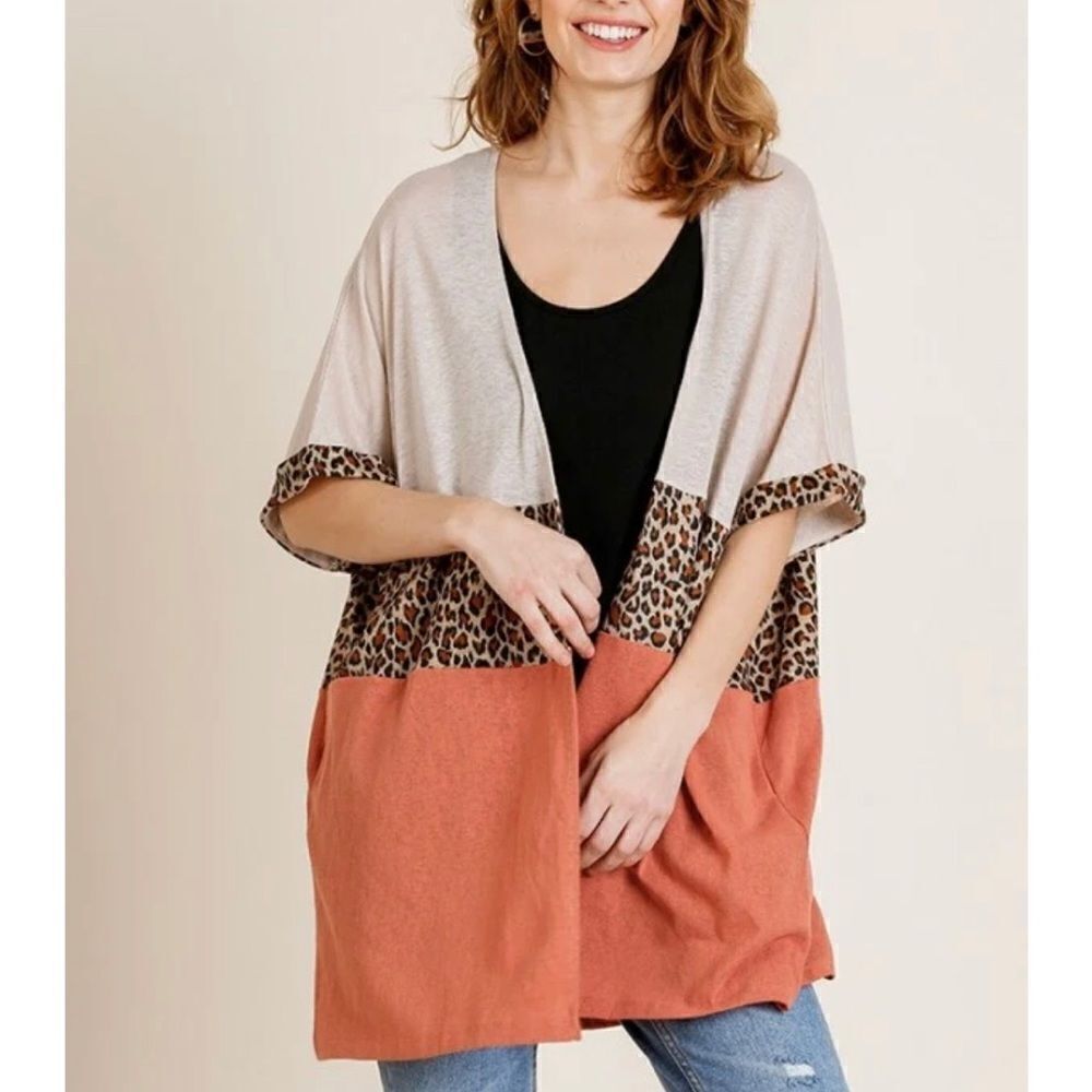 Umgee Kimono Leopard Print Color Block Women's XL